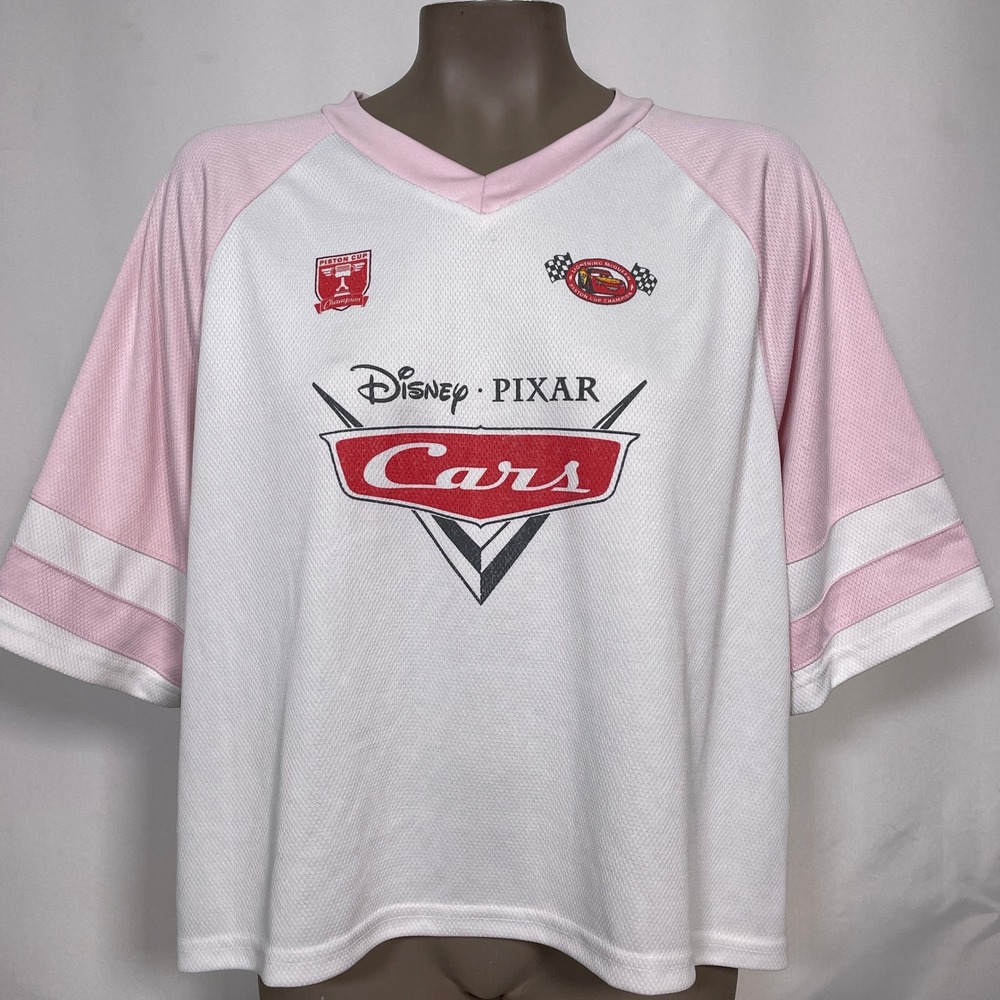 Disney Pixar Cars Lightning McQueen #95 White Piston Cup Jersey Women's LARGE